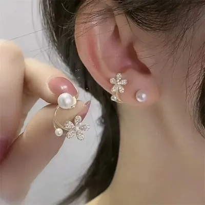 Crystal Pearl Floral Stud Earrings